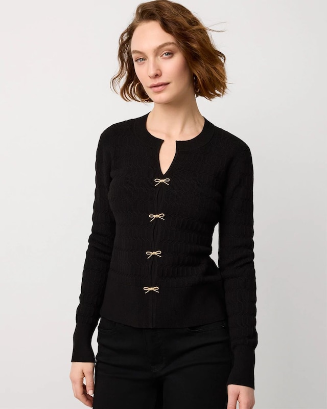 Petite Bow Detail Textured Knit Pullover