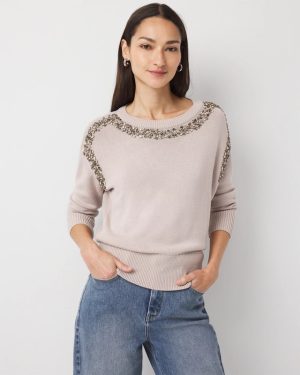 Petite Rhinestone Crewneck Sweater