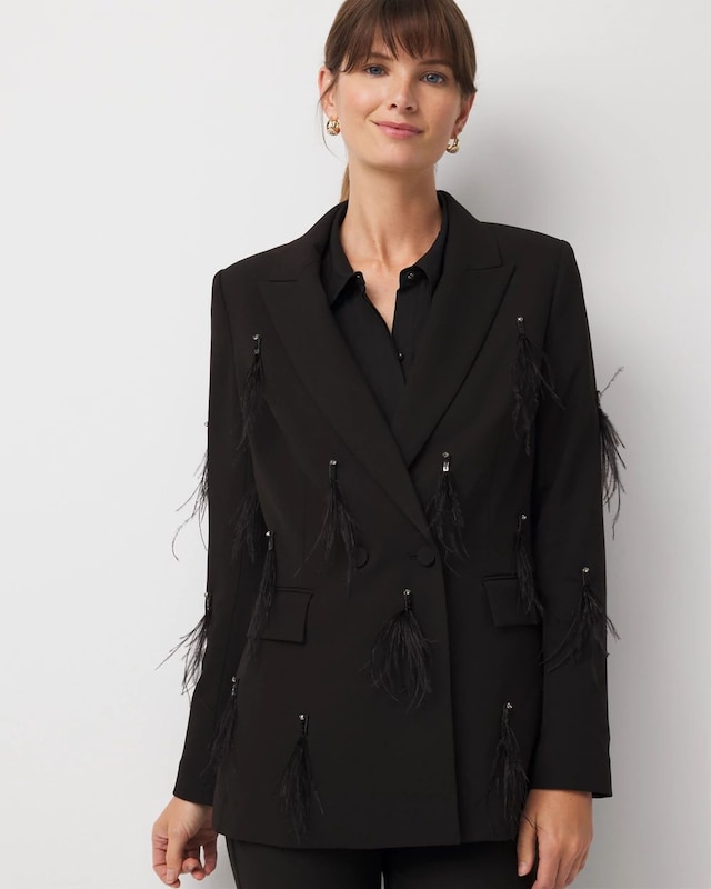 Feather Embellished Double-Breasted Blazer