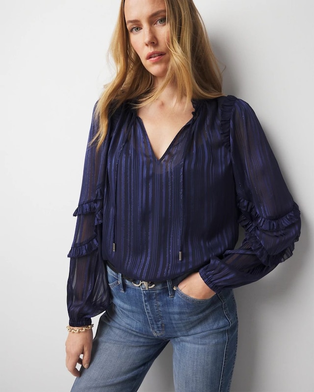 Petite Ruffle Sleeve Sheer Striped Blouse