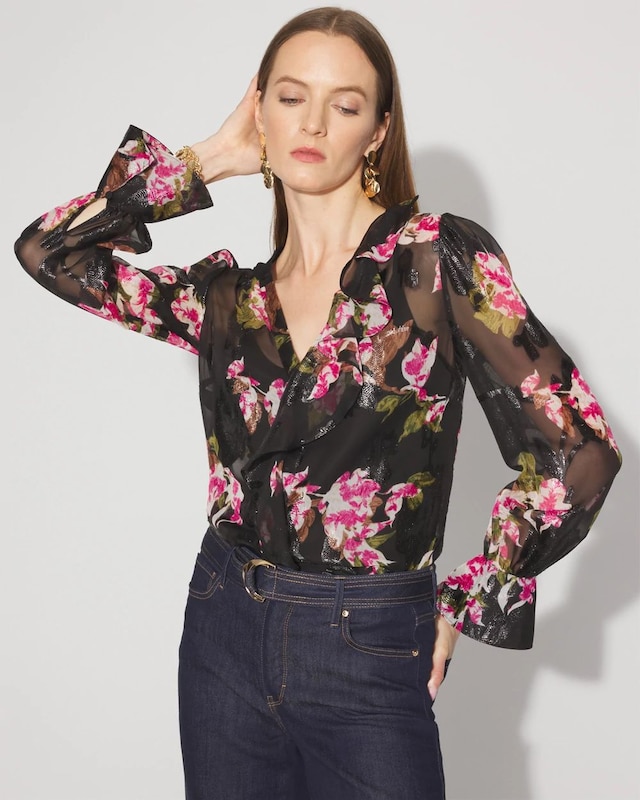 Petite Sheer Metallic Clip Ruffle Blouse