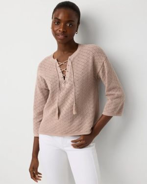 Petite Lace-Up Notch Neck Pullover