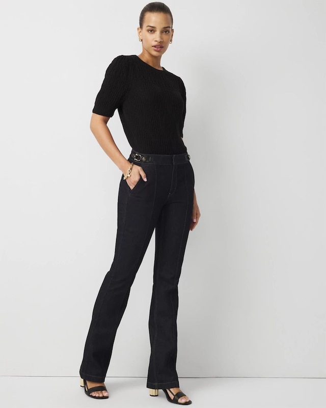 High Rise Faux Leather Detail Bootcut Jean