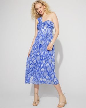 Petite One-Shoulder Ikat Print Midi Dress