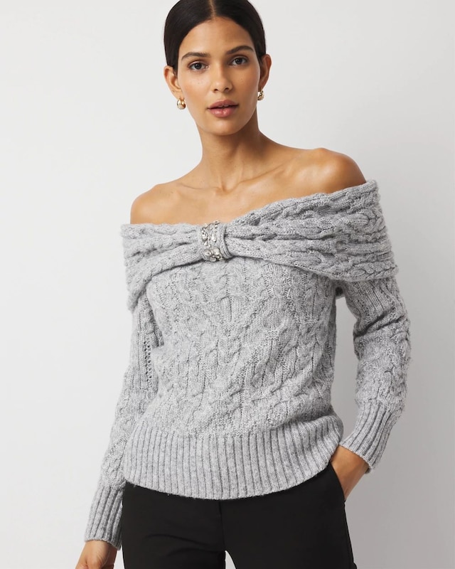 Off-The-Shoulder Rhinestone Cable Knit Sweater