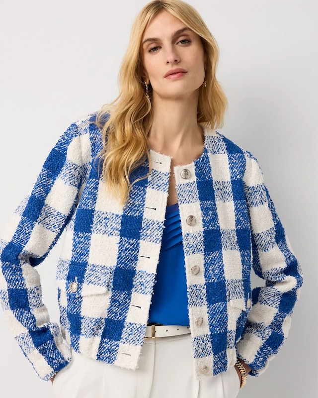 Bouclé Gingham Bomber Jacket