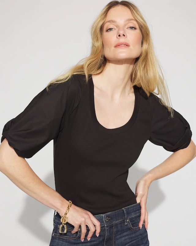 Ribbed Poplin Twist Sleeve Tee