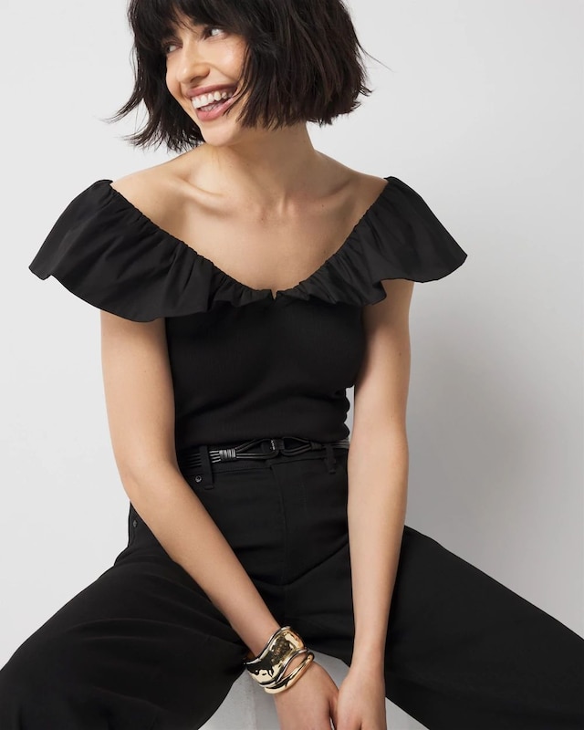 Ruffle Poplin Knit Top