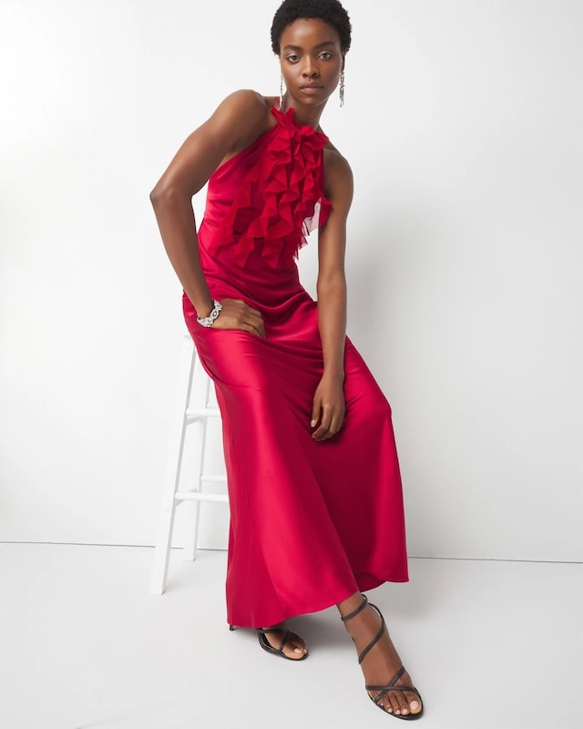 Petite Satin Ruffle Gown