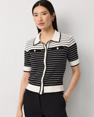 Petite Collared Striped Cotton Cardigan