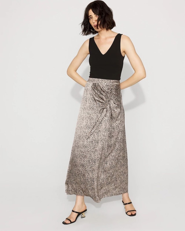 Petite Satin Leopard Cinched Skirt