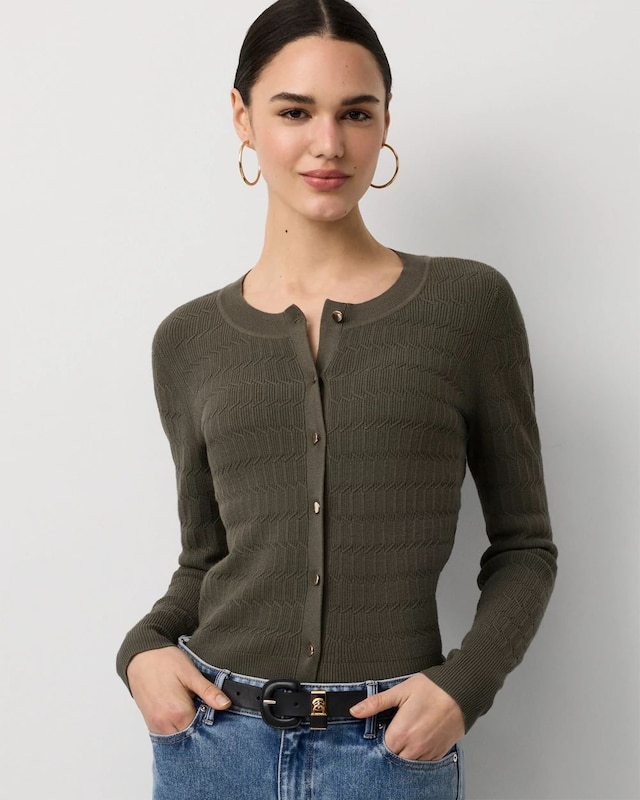 Petite Textured Crewneck Button-Front Cardigan